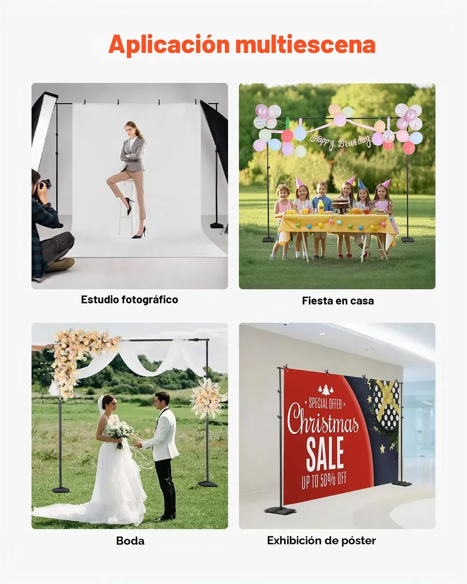 VEVOR Soporte de Fondo Ajustable para Tela de Fondo de hasta 260 x 300 cm, Soporte Portátil de Altura Ajustable de 145-260 cm con 7 Barras Transversales para Hogar, Estudio de Fotografía, Negro