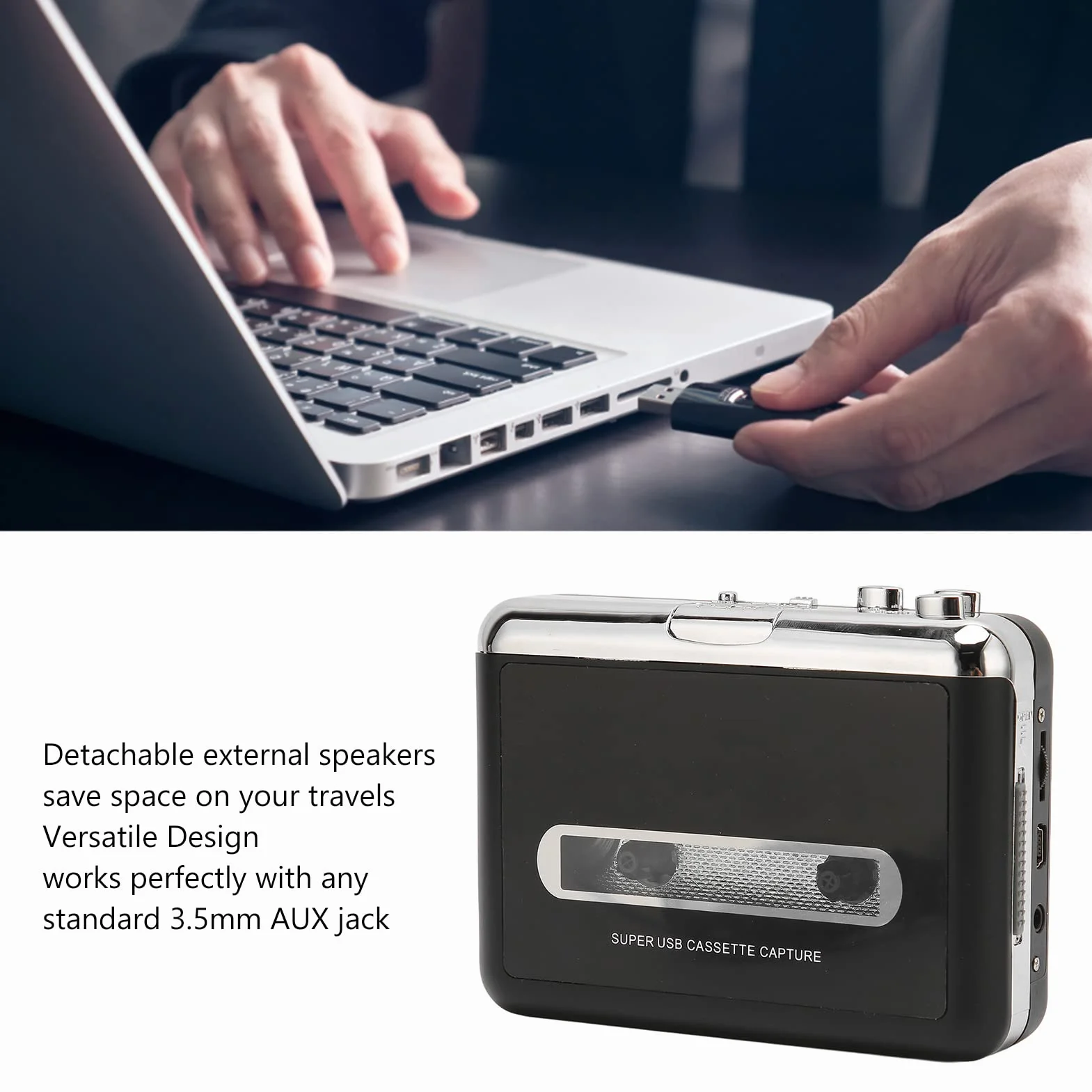 Convertidor y Reproductor de Cinta Casetes, Reproductor de Cassette USB, Convertidor de Cinta a MP3, Convierte Cintas de Audio a MP3 Digital, Guárdalas Directamente en Una Memoria USB o PC, CD
