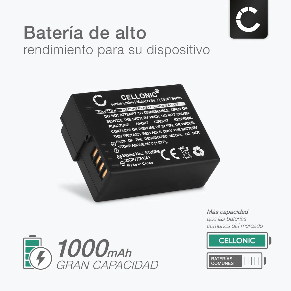 CELLONIC 1x Batería para Cámara Compatible con Panasonic Lumix DMC-FZ1000, Lumix DMC-FZ300, Lumix DMC-FZ2000, DMW-BLC12 - (1000mAh, 7.4V)