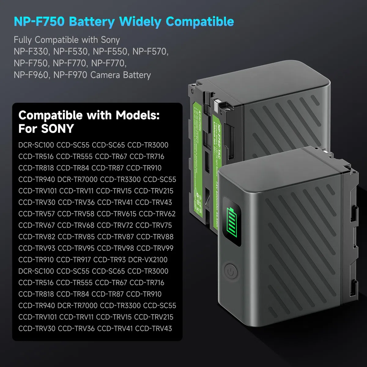 2 Baterías NP-F750 de 6600 mAh con Cable Micro USB para Sony NPF F980 F970 F960 F930 F770 F750 F550 Batería o lámpara de vídeo LED YN660 LED308