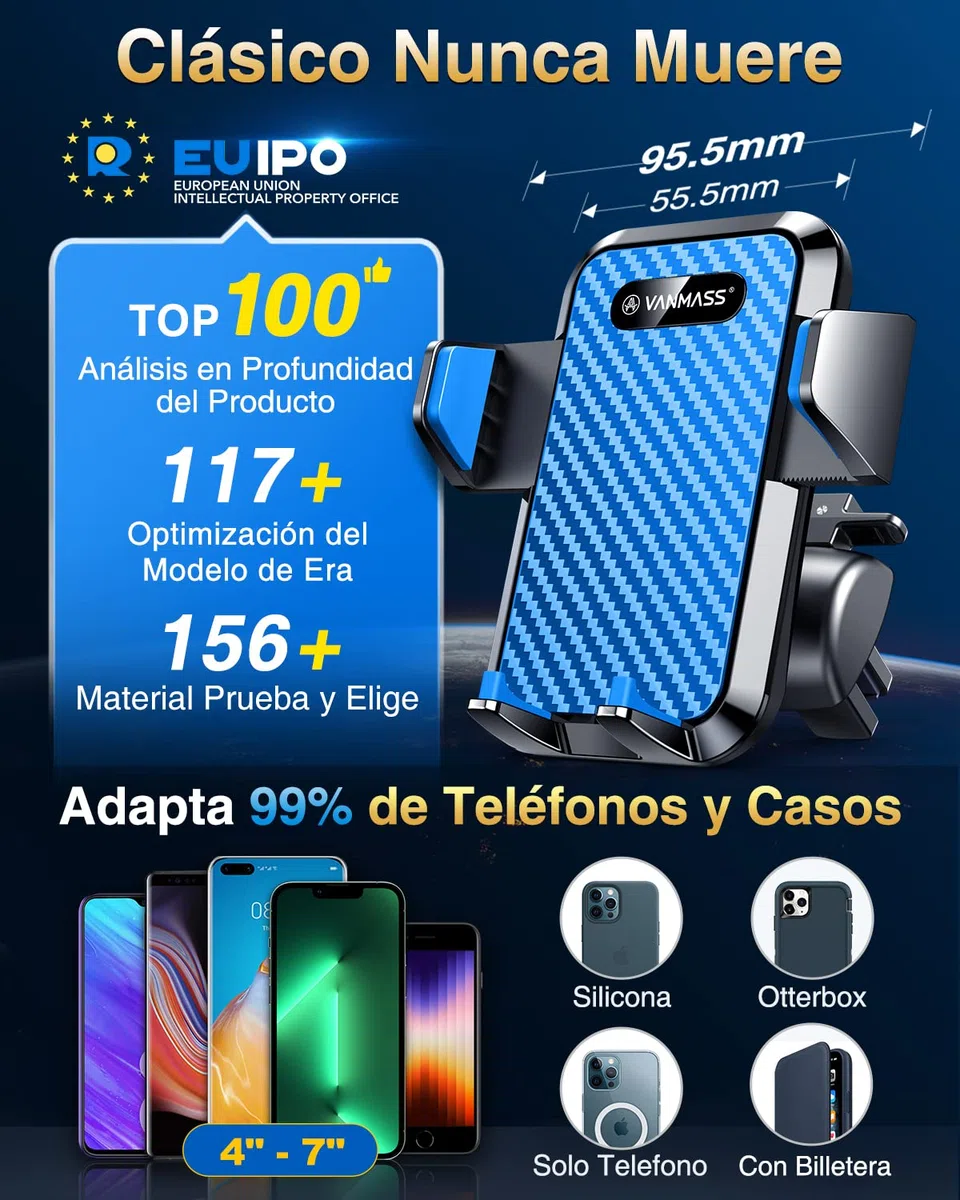 VANMASS 【Patentes y Certificados de Seguridad Soporte Movil Coche 2025【29+KG Succión Protección Militar】 Teléfono Salpicadero Parabrisas Ventilación para iPhone 16 15 Pro MAX Samsung, Azul