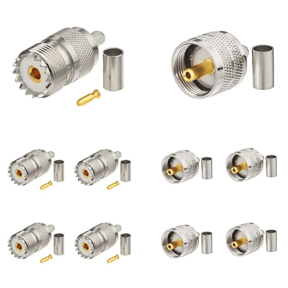 Superbat Conector UHF RG58 PL259 Macho + SO239 Hembra Crimpado y Soldadura 50 Ohm para Radio CB Antena UHF/VHF Radioaficionados Medidor SWR Cable RG58 RG142 RG400 LMR-195 RG303 RG141 (10 Piezas)