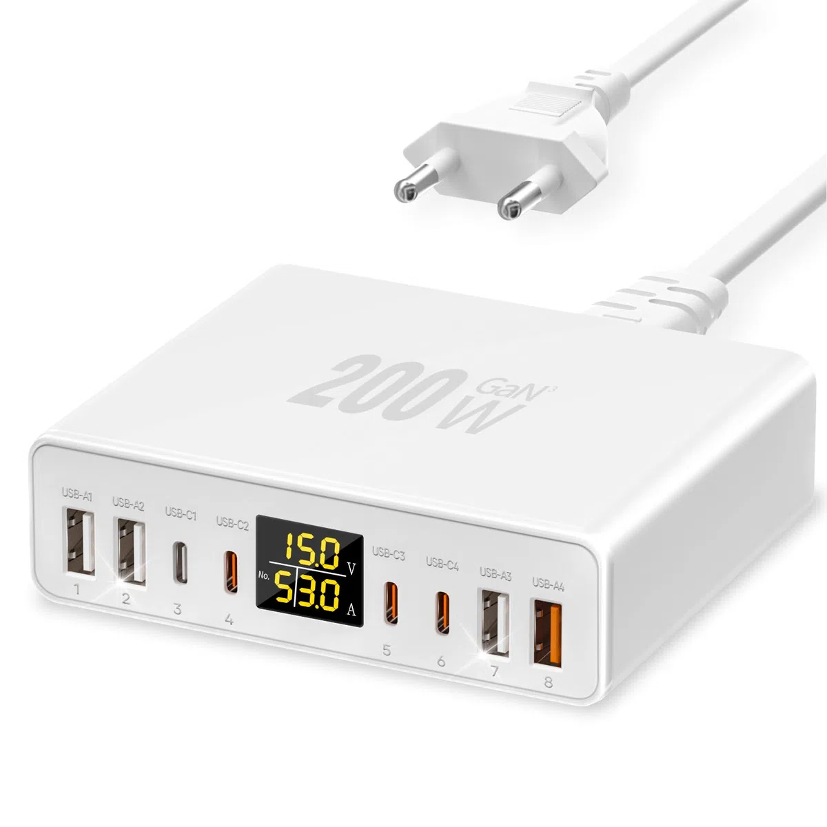 Cargador USB C Multiple 8 Puertos con Pantalla LED, YSYFAD 200W Estacion de Carga PD PPS Cargador USB C Carga Rapida Charger Tpye-C 45W QC USBA para iPhone iPad Macbook Portátiles Samsung, Blanco