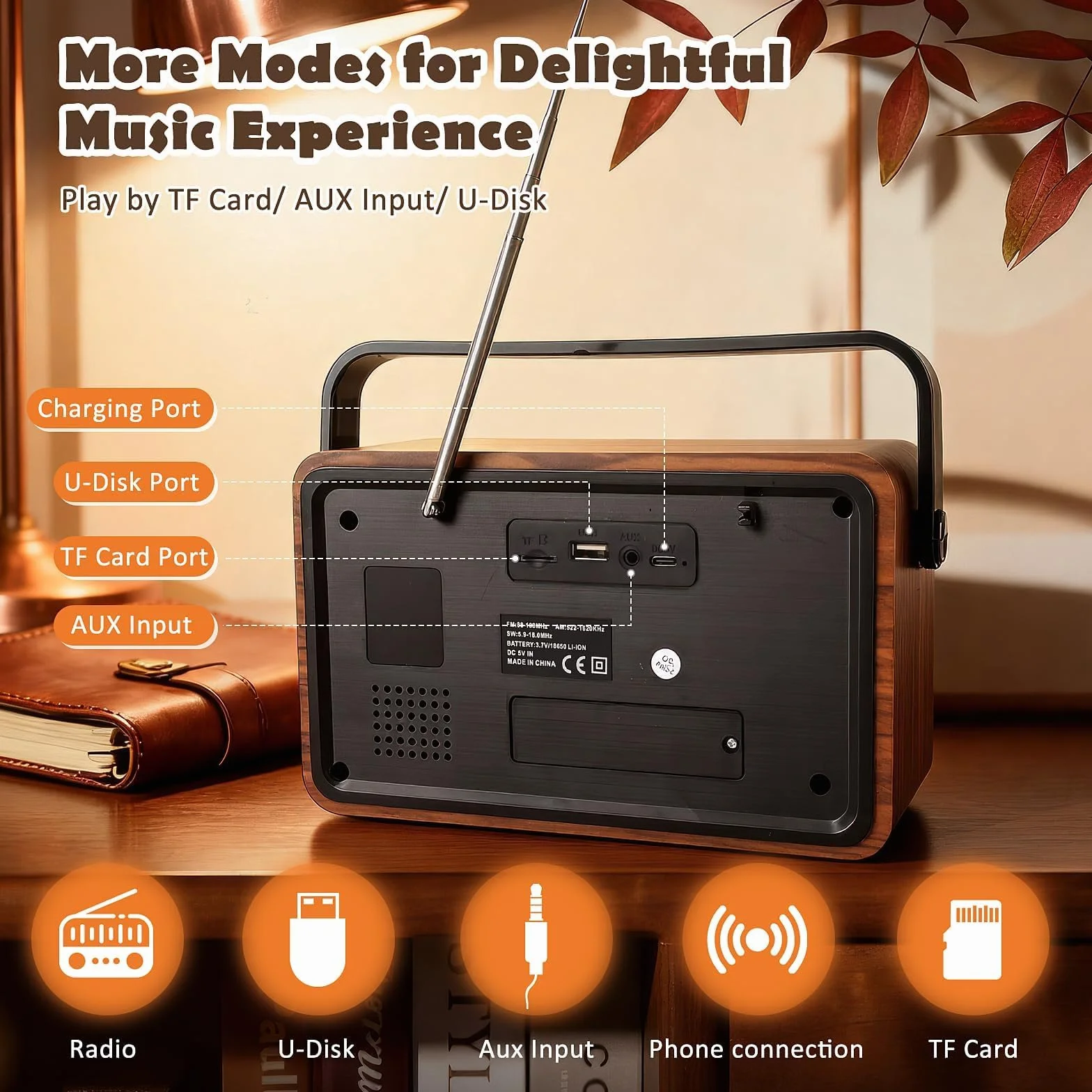 Radio Vintage Portátil Am/FM/SW con Batería Recargable y Funcionamiento a Pilas, Bluetooth, Reproducción USB/TF/AUX, Radio Antigua Vintage para Casa, Jardín y Camping
