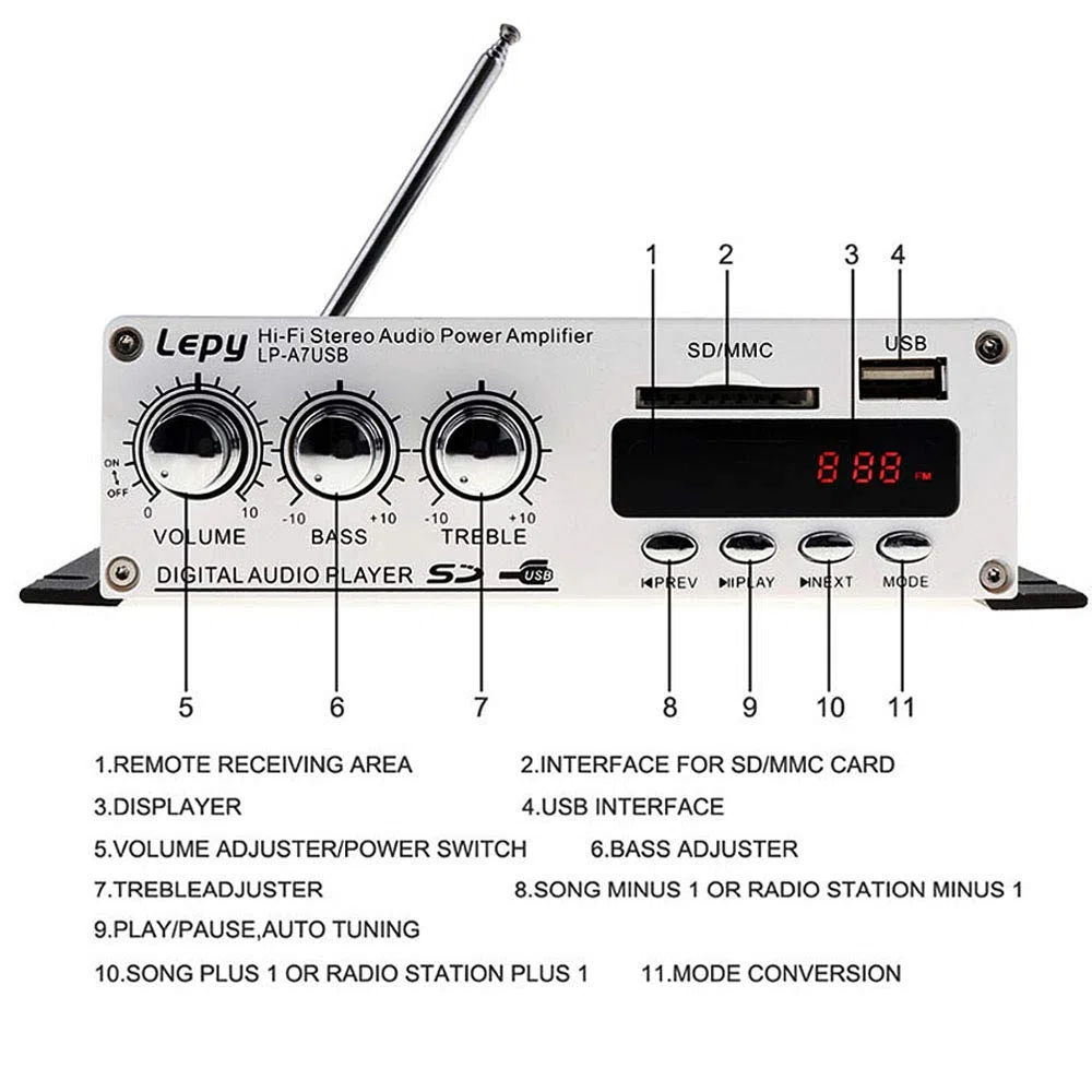 DollaTek Lepy A7USB Amplificador de Potencia para automóvil Multifuncional para Coche FM SD USB Reproductor de MP3 Amplificadores estéreo