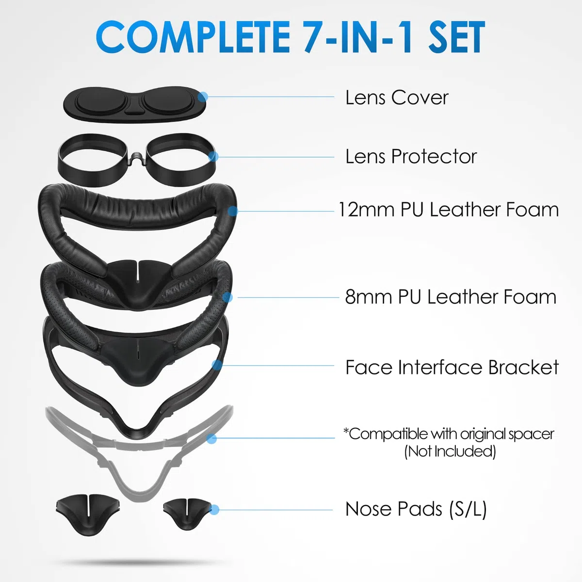 SUPERUS Interfaz Facial para Oculus/Meta Quest 2 Accesorios (Actualizado), con 2 Reemplazos de Almohadilla Facial, Protector Nasal Anti-luz (L/S), Protector Lente y Espaciador de Gafas (Kit 7 en 1)