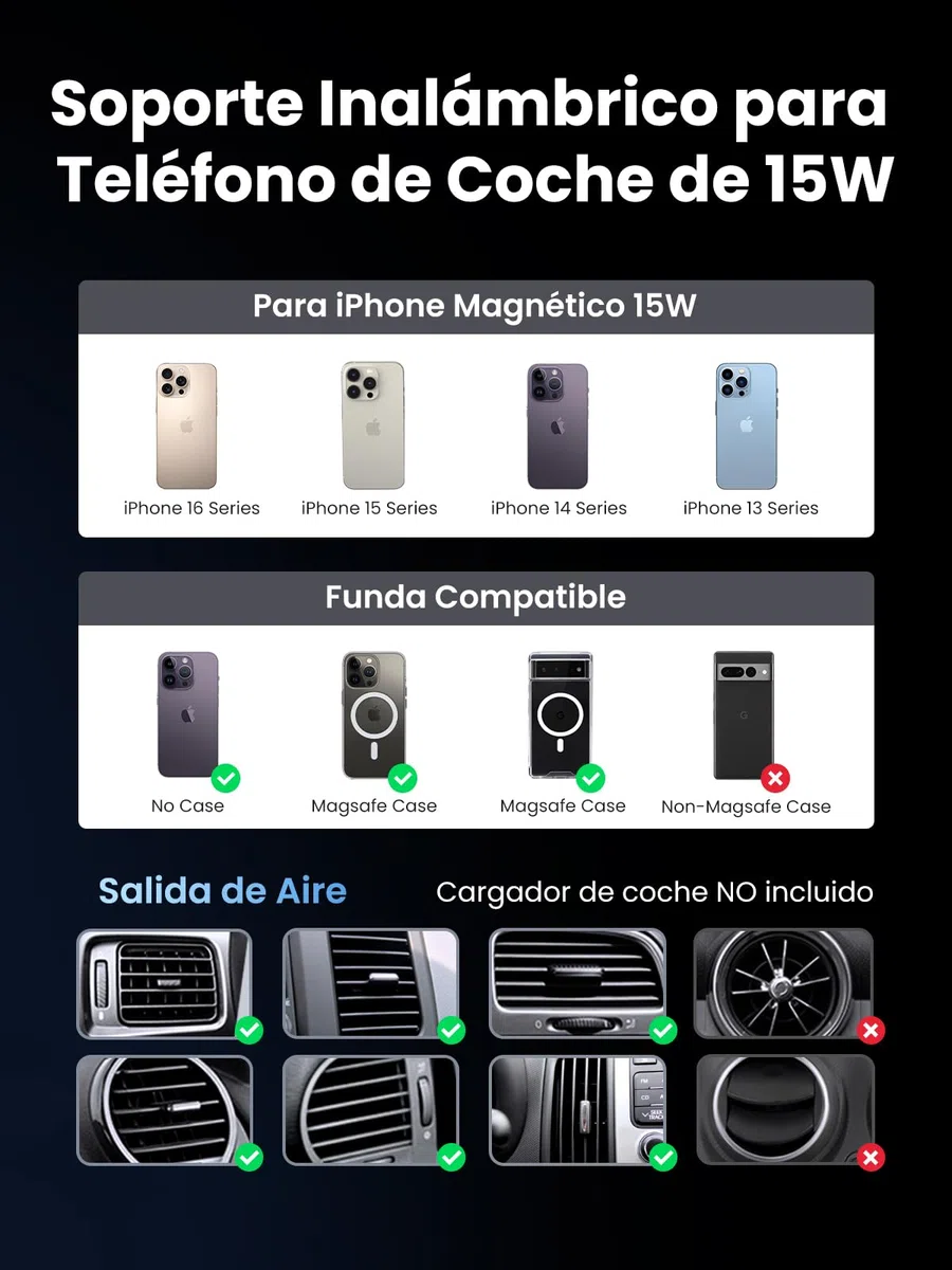 UGREEN MagFlow Cargador Inalámbrico iPhone Coche Certificación Qi2 Real 15W Carga Rápida Soporte Móvil Coche Magnético Compatible con MagSafe iPhone 17 16 15 14 13 12 Pro MAX Air Plus