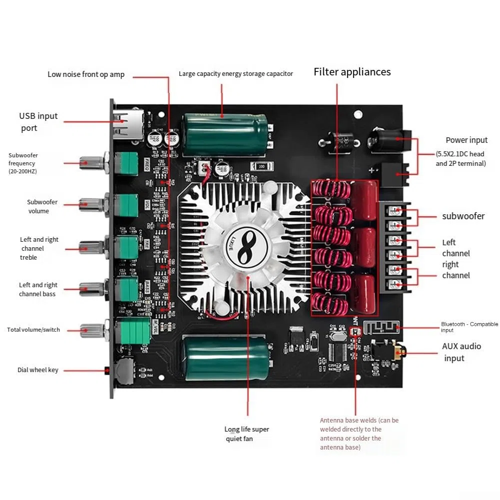 ZK-HT21 2.1 Canal 5.0 Digital Power Audio Board 2x160W+220W TDA7498E Módulo de altavoz estéreo con control de volumen para DIY Home Audio System Negro