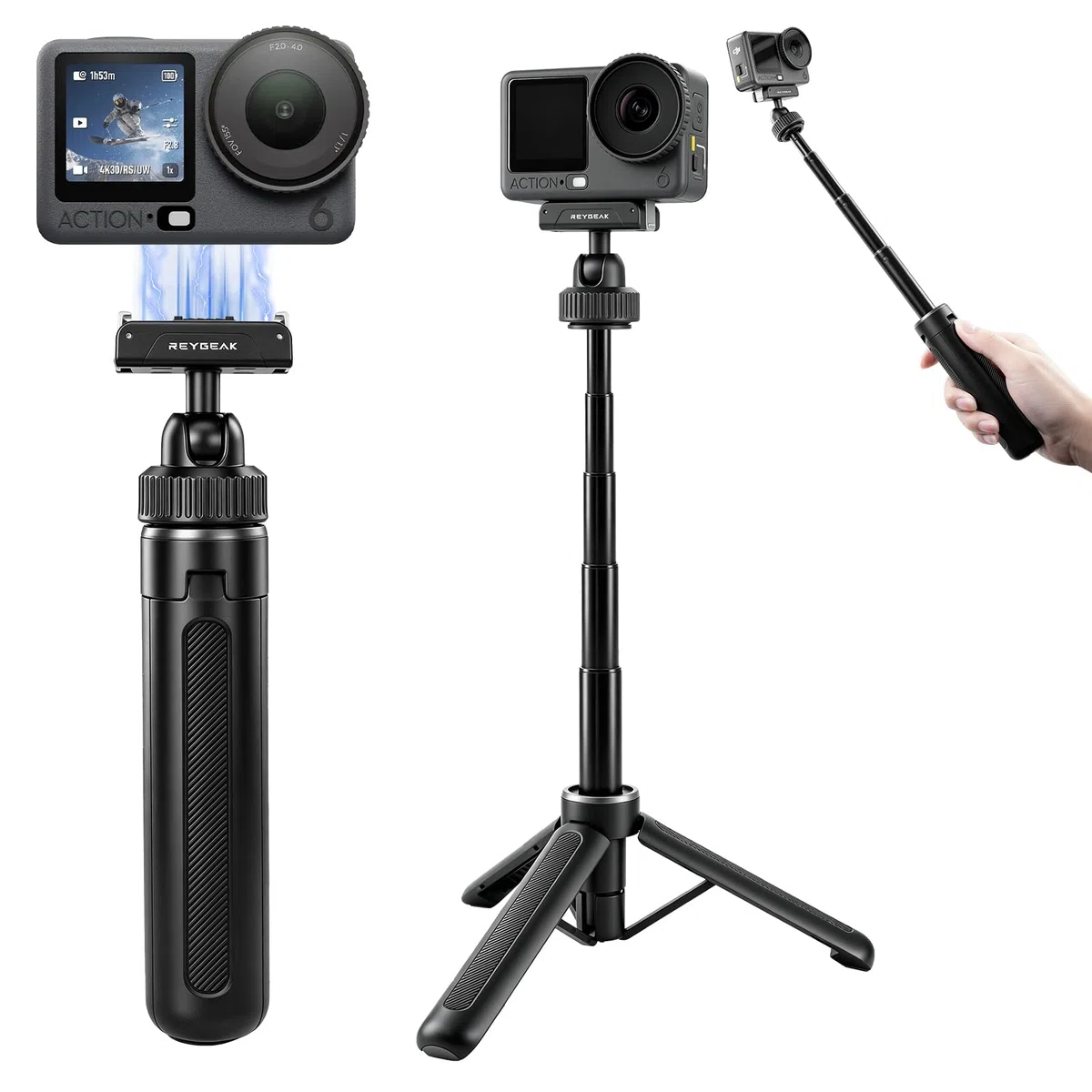REYGEAK Trípode magnético para selfie para DJI Osmo Action 6/5/4/3/Nano, mango de cámara extensible con soporte de liberación rápida, cabeza de bola de 360° para video vertical, soporte de trípode