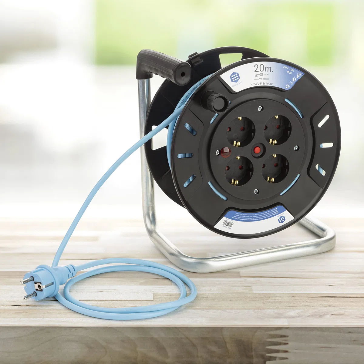 Alargador Enchufe 20 Metros - Alargadera Enrollable 20 Metros, Extensible Eléctrico IP20, Regleta Enrollable 4 Enchufes, 2300W, 230V, Cable 1mm, Enchufe Schuko Tipo F, 24x15x26 cm