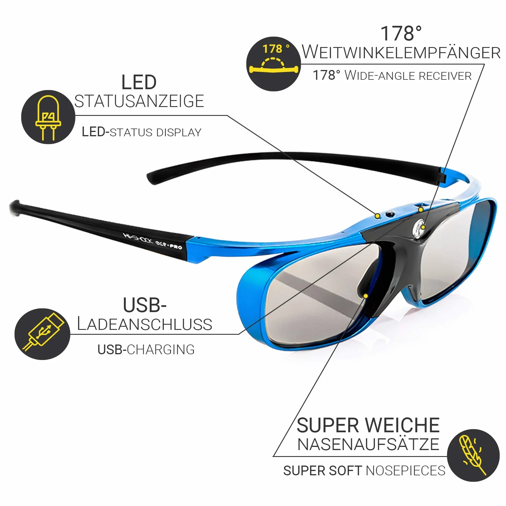 Hi-SHOCK DLP Pro Blue Heaven | Gafas DLP Link 3D para proyectores 3D DLP de Acer, BenQ, Largo, Optoma, Viewsonic, LG [Gafas de obturación | 96-200 Hz | Recargables | 32g | DLP Link | Azul]