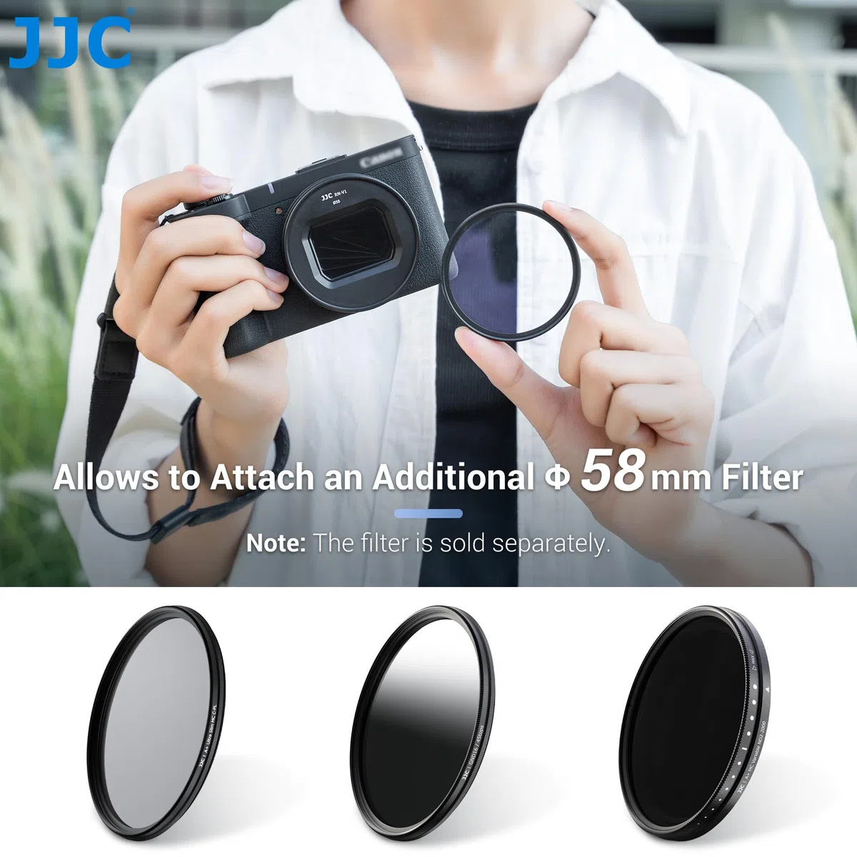 JJC Kit de lentes de 3 piezas compatible con cámara digital Canon PowerShot V1, incluye anillo adaptador de filtro de aleación de aluminio de 58 mm, tapa de lente con cuerda