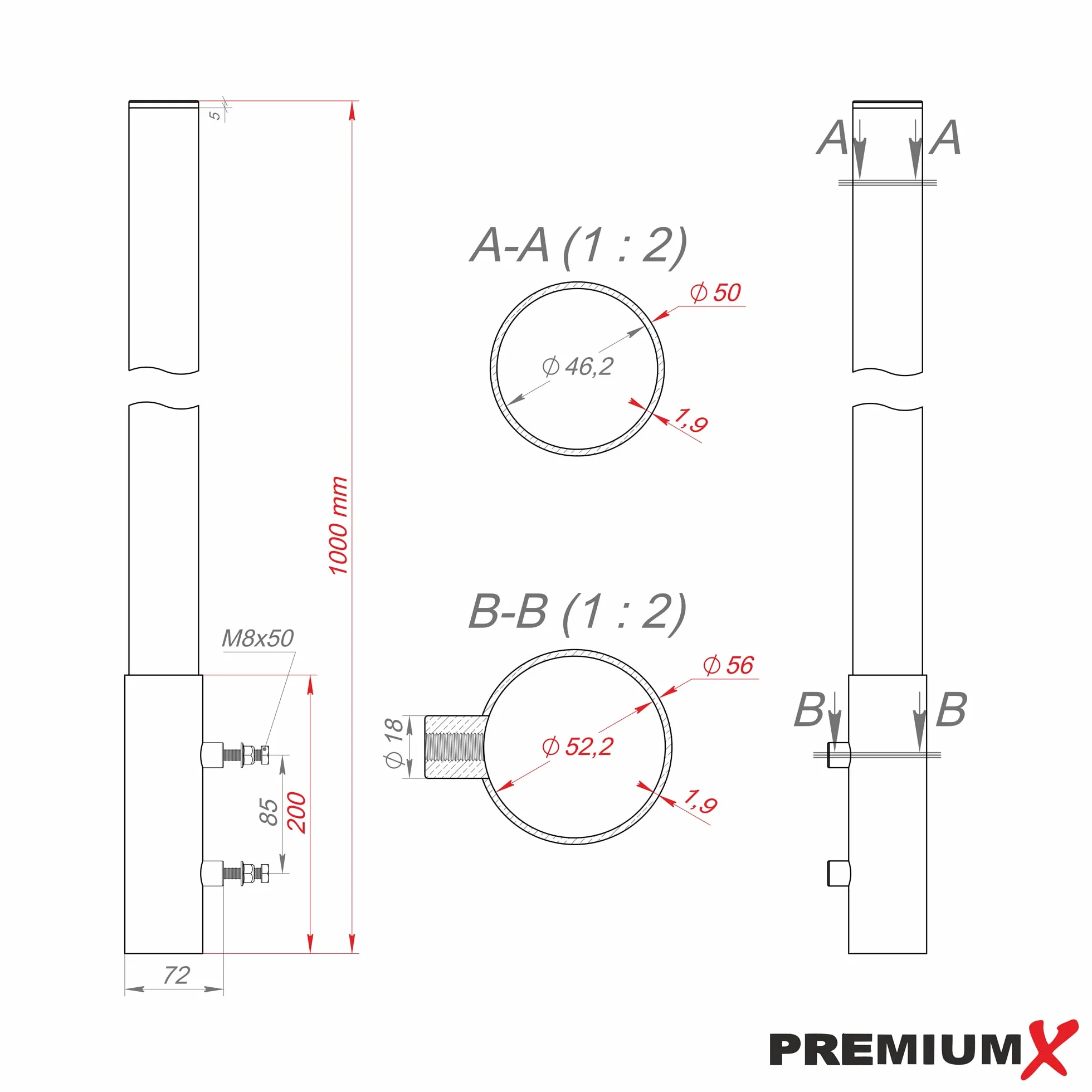PremiumX extensión del mástil 100 cm Ø 50 mm ALU Accesorio del mástil Antena de Extension del mastil satélite Soporte del mástil de Aluminio con Tapa
