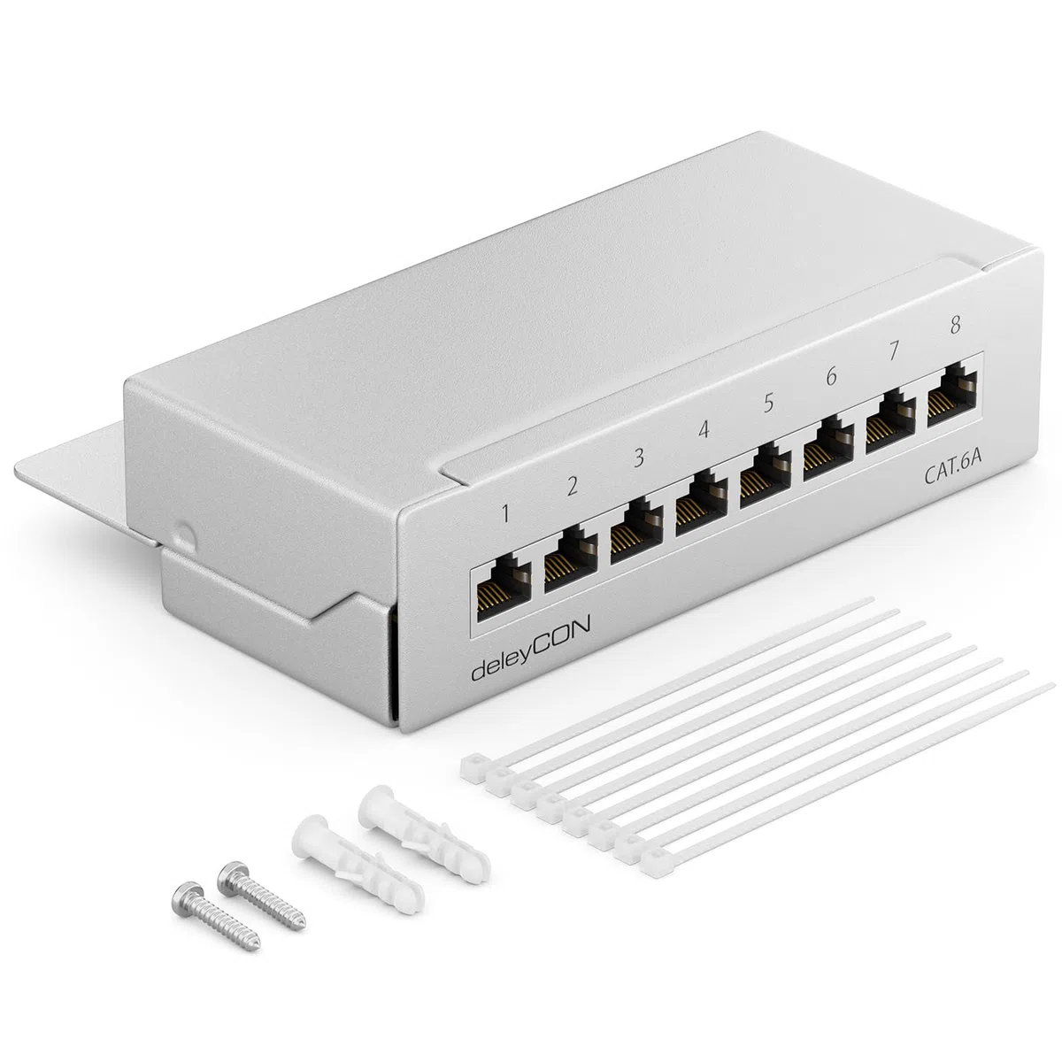 deleyCON CAT6a Patch Panel El Panel de Corrección 8 Puertos Escritorio y Montaje en Pared - Blindado - Enchufe 8X RJ45 - TIA568A TIA568B - Gris Claro