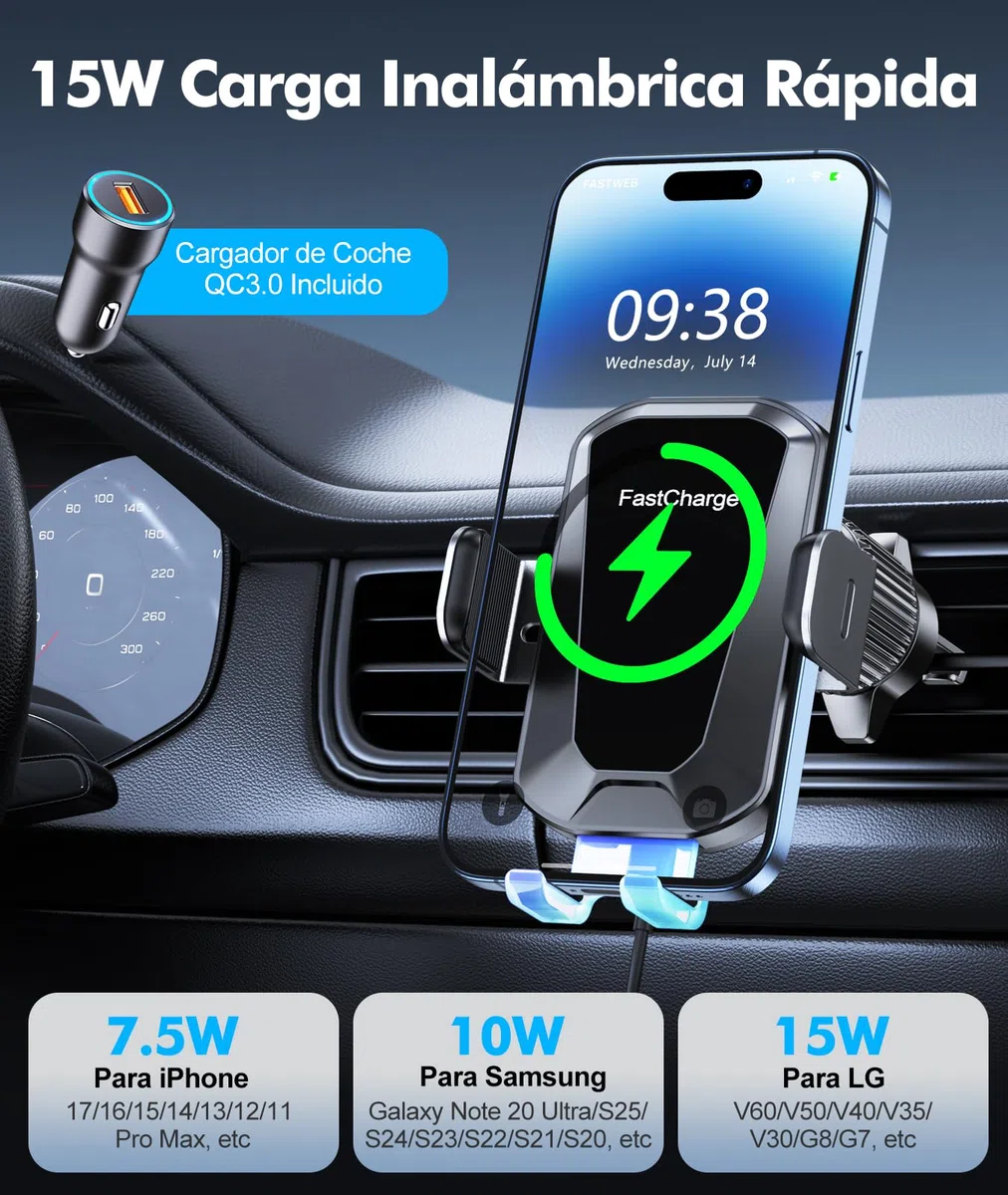 EOIWUY 15W Cargador Inalámbrico Coche, [Sujeción Automática] 360° Rotación Soporte Movil Coche Cargador Inalambrico Carga Rápida para Rejilla Compatible con iPhone 17/16/15/14/13, Galaxy S25/S24, etc