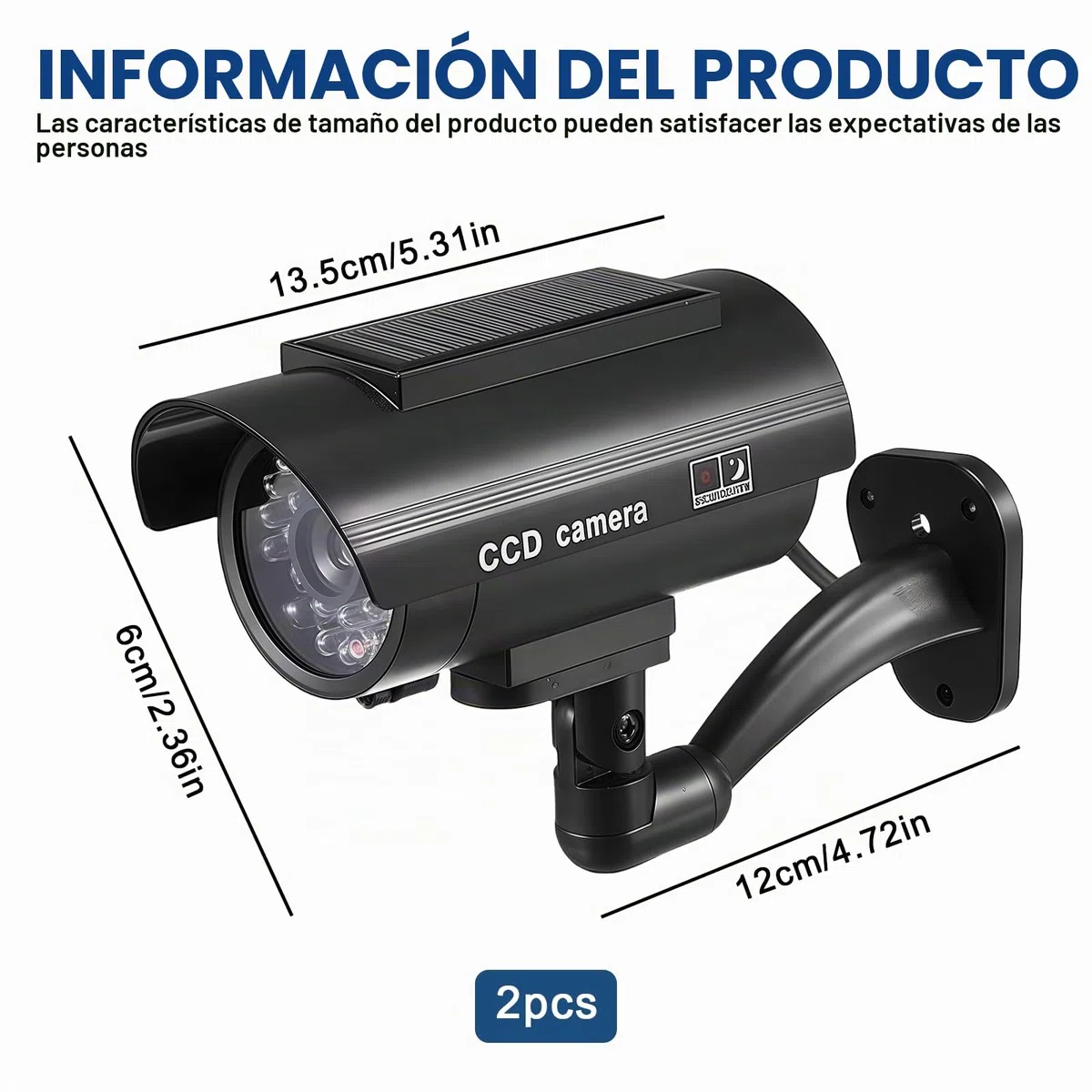 Sporgo 2 piezas de cámara falsa exterior: Cámara solar falsa de vigilancia con luz LED roja intermitente, cámara falsa de vigilancia falsa para interior y exterior (Negro A)