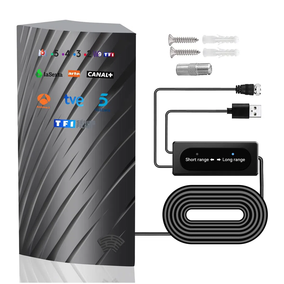 Antena de TV Exterior Interior, 39DBI Antena TV de 480km Impermeable con Cable Coaxial 10M, Amplificador Inteligente de Señal y Modo de Doble Señal para Canales de 1080P 4K DVB-T DVB-T2