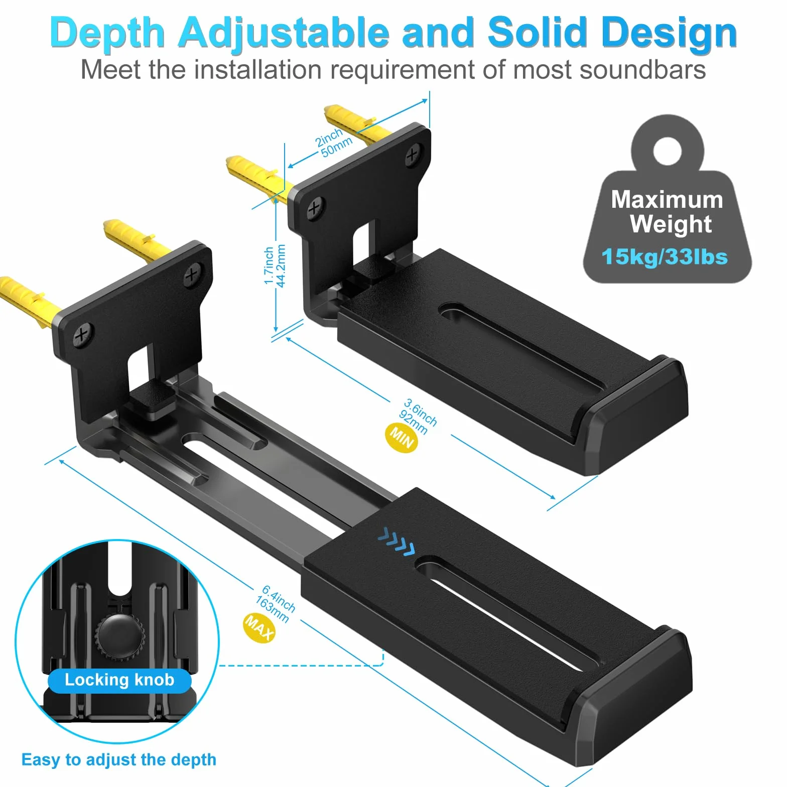 ZUOLACO Soporte de pared para barra de sonido Samsung, Bose, Vizio, LG, Sony, JBL, Sonos y otros soportes de barra de sonido bajo TV, puede soportar hasta 15 kg, profundidad ajustable de 9,1 a 16,3 cm