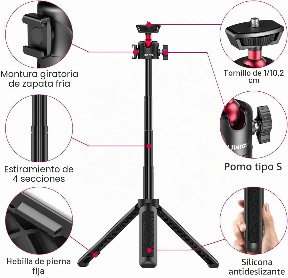 Palo selfie ULANZI MT-16 con trípode para teléfono móvil con disparador remoto, soporte de mesa para cámara, mini trípode para smartphone iPhone Samsung
