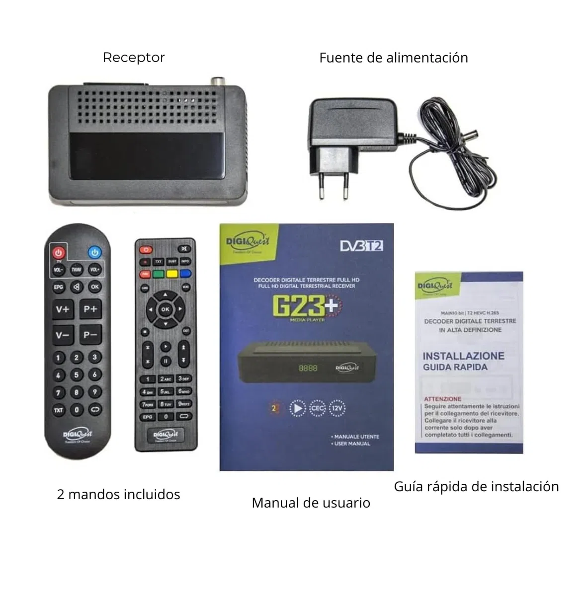 Receptor TDT HD DVB-T2 Digiquest G23 HEVC H.265 10bit Full HD FTA, Sintonizador TDT HD, DVB-T2, USB, HDMI, SCART, Ethernet LAN RJ-45, Mando a distancia adicional para personas mayores, Negro, Plástico