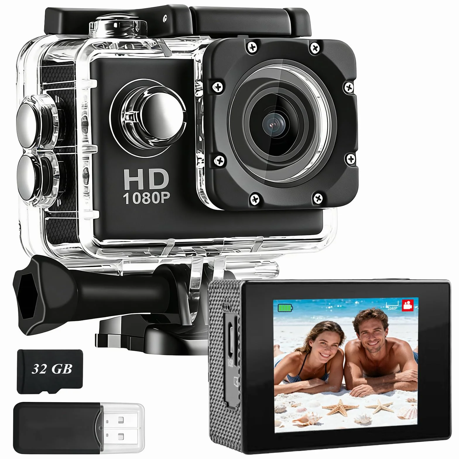 Cámara Deportiva HD, Camara Subacuática 30M con 120 Grados Gran Angular, Cámara Subacuática Buceo 2 Baterías Recargables de 900mAh y Kit de Accesorios