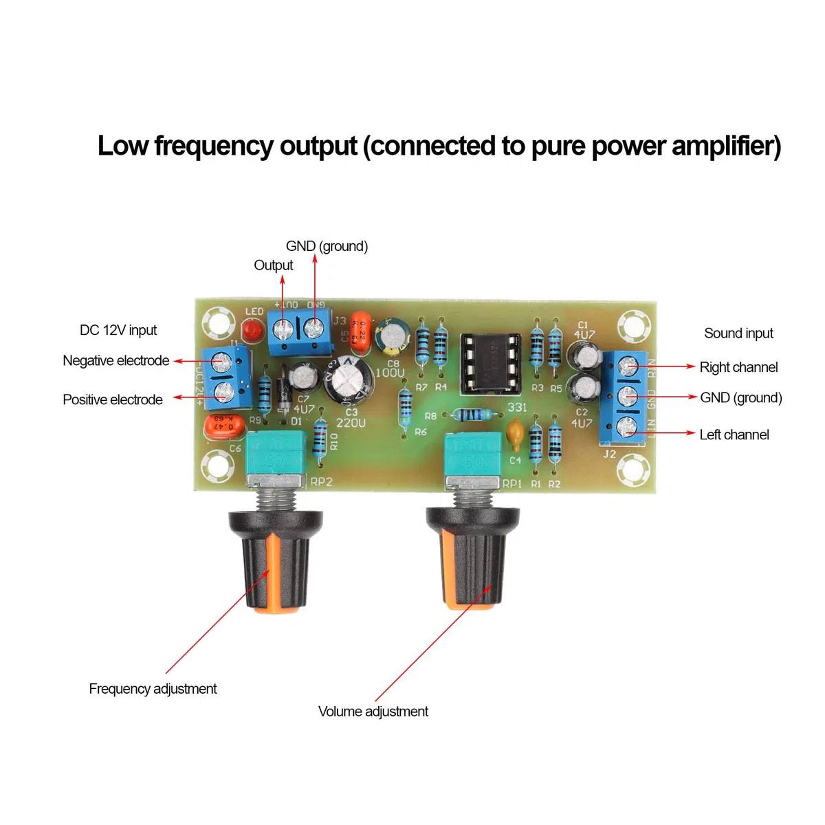Annadue Placa de Preamplificador, Placa de Preamplificador de Subwoofer de Fuente de Alimentación única de 12 V, Módulo de Preamplificador de Audio Estéreo, Placa de Filtro de Paso bajo HiFi.