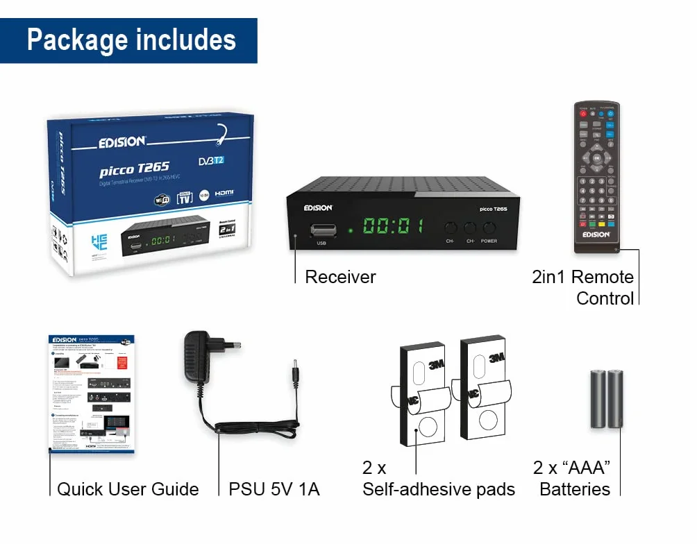 EDISION PICCO T265, 2024 Nuevo Español TDT Decodificador TV DVB-T2, Full HD, H265 HEVC, PVR, USB, HDMI, SCART, Control Remoto IR 2 en 1, Receptor DVB-T2 Alta Definición, Soporte WiFi USB
