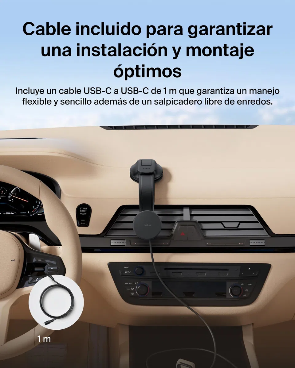 Belkin Cargador Coche Carga Rápida con Soportes para Rejilla de Ventilación y Salpicadero, Cable USB-C, Cargador Magnético Inalámbrico Qi2, MagSafe, iPhone 17, Pixelsnap y Galaxy S25 - Negro