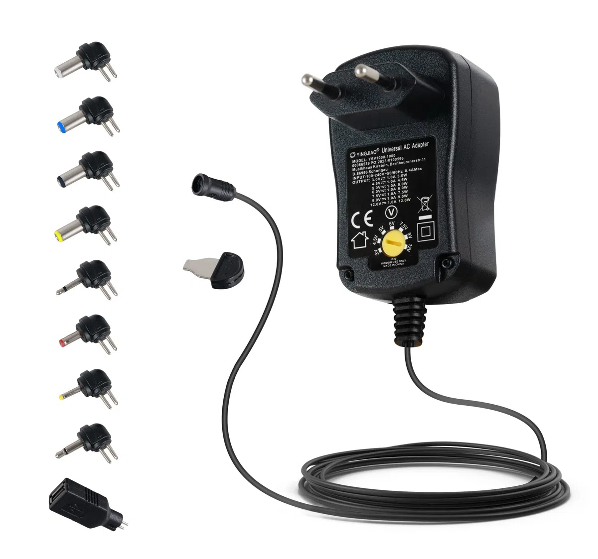 McGrey UAD-1000 Fuente Universal 1A para Dispositivos electrónicos. Corriente 1000 mA, Voltaje Ajustable 3-12V, polaridad Intercambiable. Incluye 8 adaptadores y Adaptador USB.