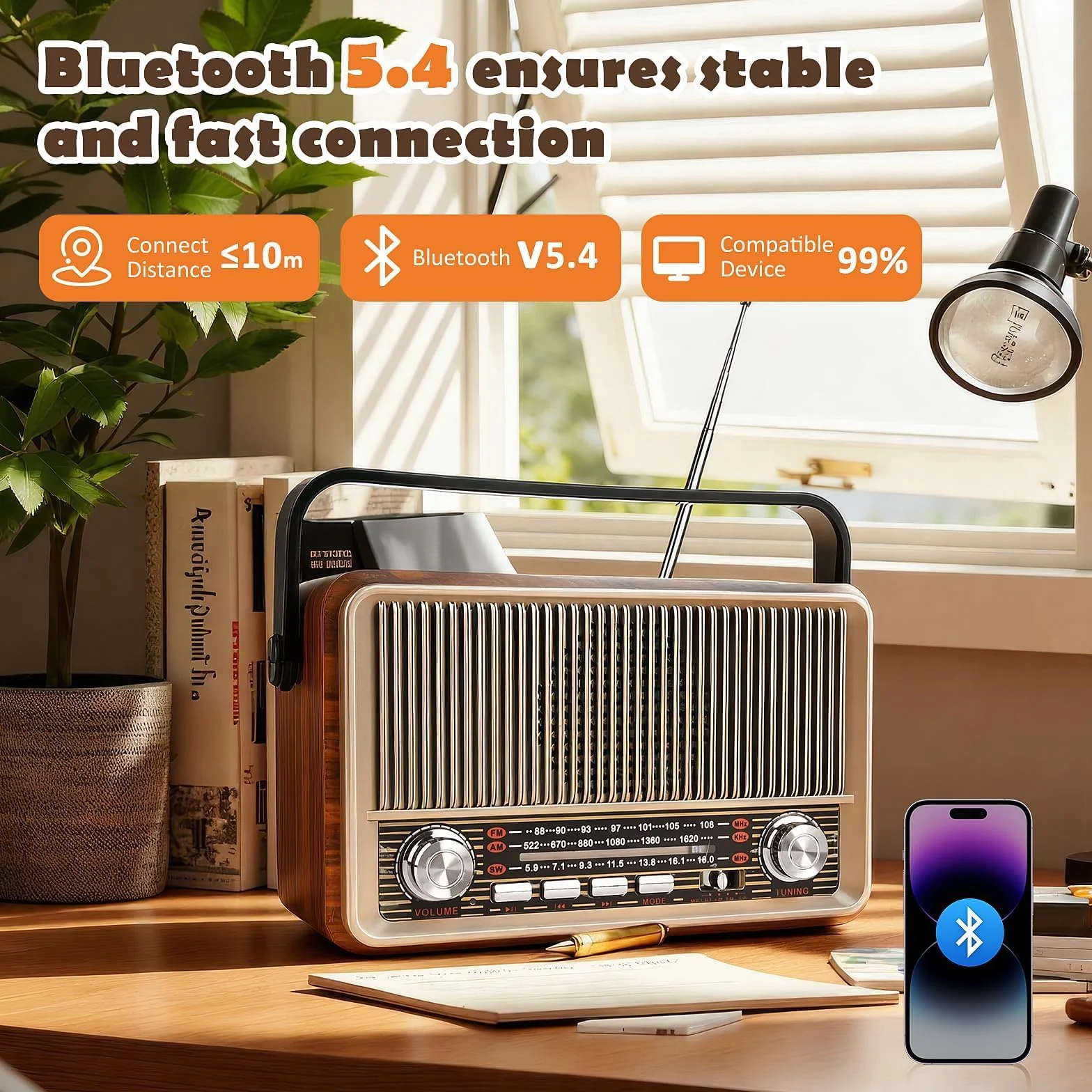 Radio Vintage Portátil Am/FM/SW con Batería Recargable y Funcionamiento a Pilas, Bluetooth, Reproducción USB/TF/AUX, Radio Antigua Vintage para Casa, Jardín y Camping