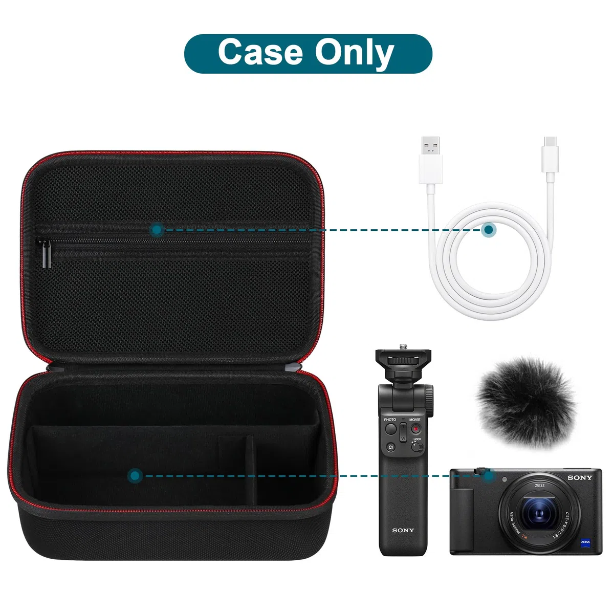 Canboc Caso de Transporte para Sony ZV-1F / ZV-1 / ZV-1II Vlog Digital cámaras& Vlogger Kit de Accesorios Trípode, Bolso de Almacenamiento de Viaje con Correa, Cable de Bolsillo de Malla, Negro