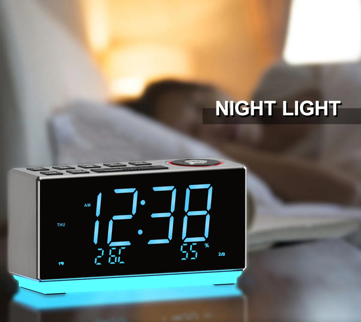 iTOMA Despertador con FM Radio, Carga USB Pantalla LED Azul Hielo de 1,8 Pulgadas, luz Nocturna, Doble Alarma, Siesta, Control de Atenuación, Reloj Electrónico de Oficina Junto a la Cama CKS508