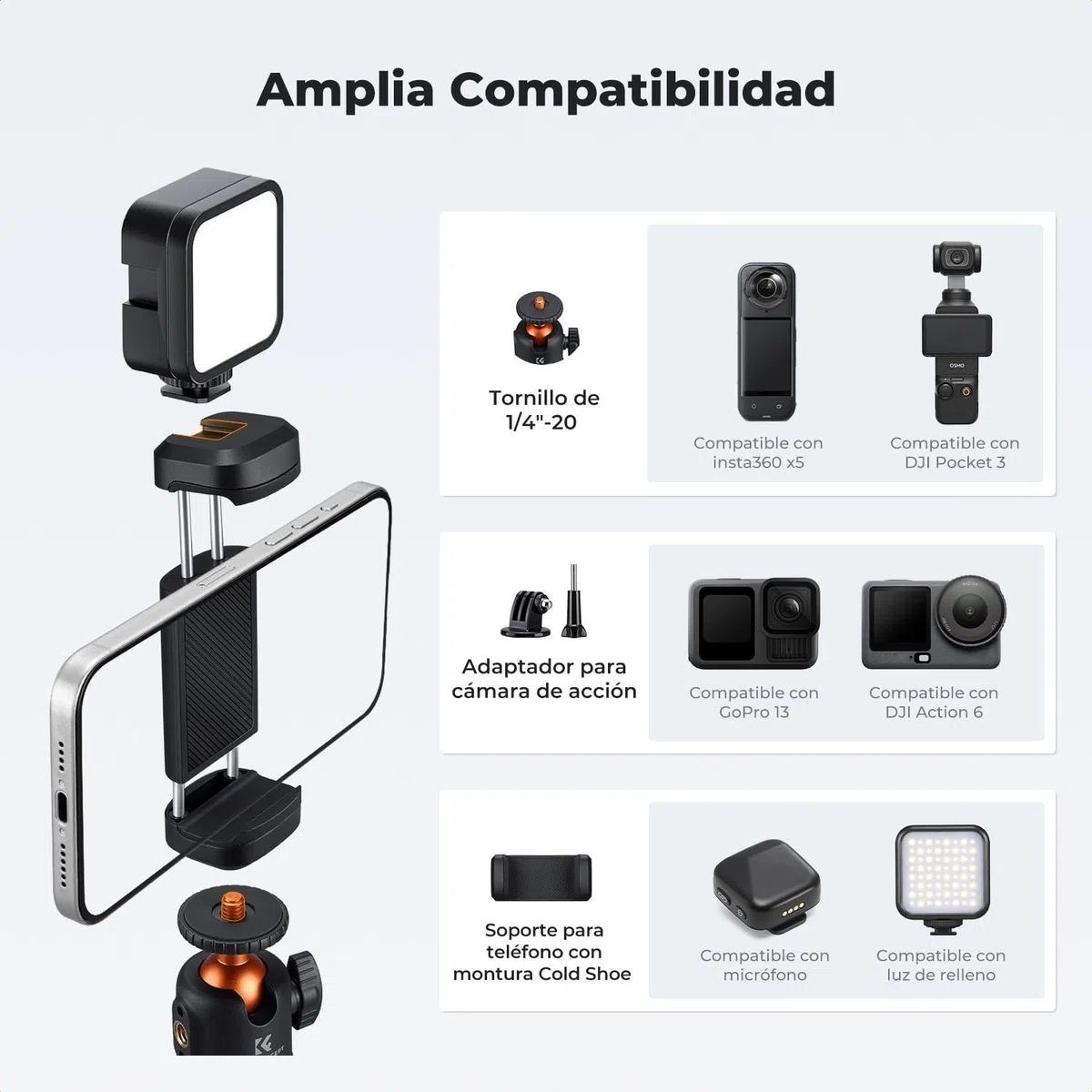 K&F CONCEPT MS71 Palo Selfie 65CM, Mini Trípode Abre con Un Solo Clic, Trípode para Móvil con Rótula Esférica y Zapata Fría Compatible con dji Osmo Pocket 4/3, Action 5 y GoPro 13/12