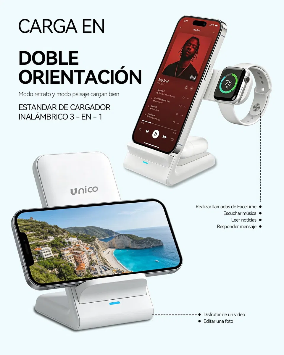 Unico Cargador Inalámbrico 3 en 1 Portátil Rápido 15W con Cable sin Cargador para iPhone 17/16/15/14/13/12 para AirPods para Apple Watch Ultra/SE (Adaptador no Incluido)