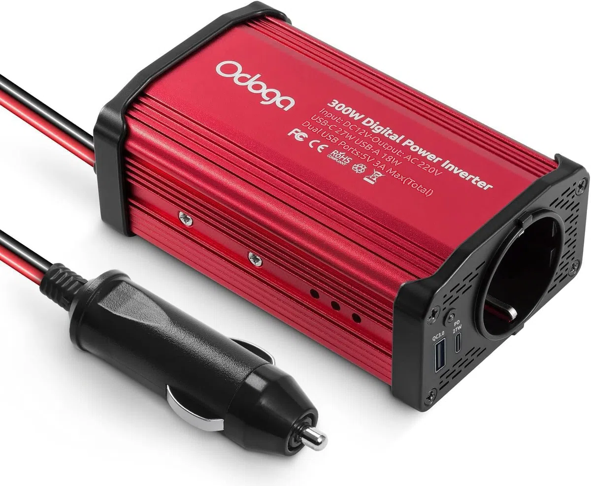 Odoga inversor 12v a 220v 300W para Coche, Convertidor con USB-C y USB-A - Adaptador Mechero Coche a Enchufe - Cargue Sus Dispositivos Electrónicos en Autocaravanas, Camper Furgoneta