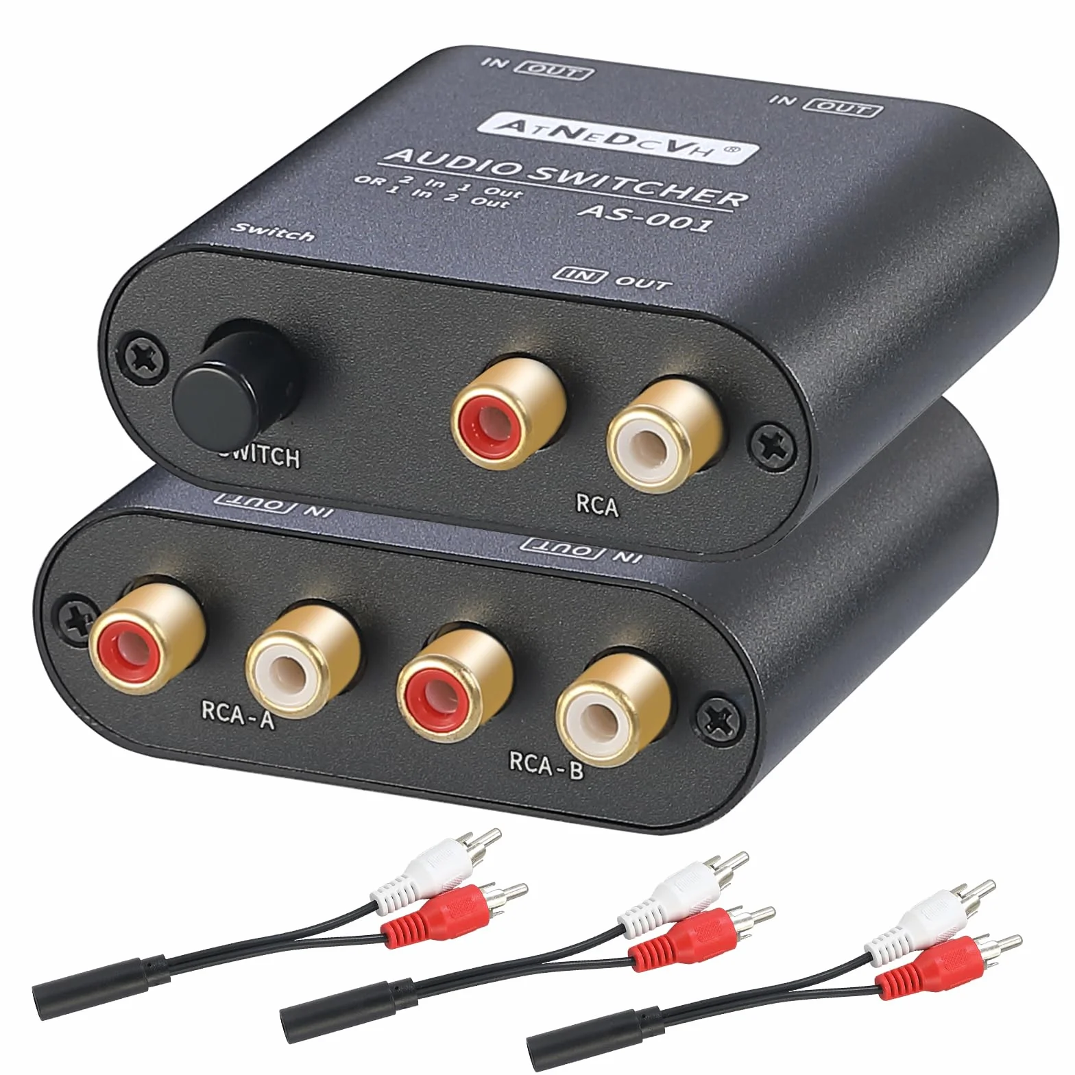 1 entrada 2 salidas / 2 entradas 1 salida Conmutador de audio bidireccional compatible con puerto RCA, estéreo de 2 vías L/R Canal de sonido Altavoz Auriculares Selector de interruptor de