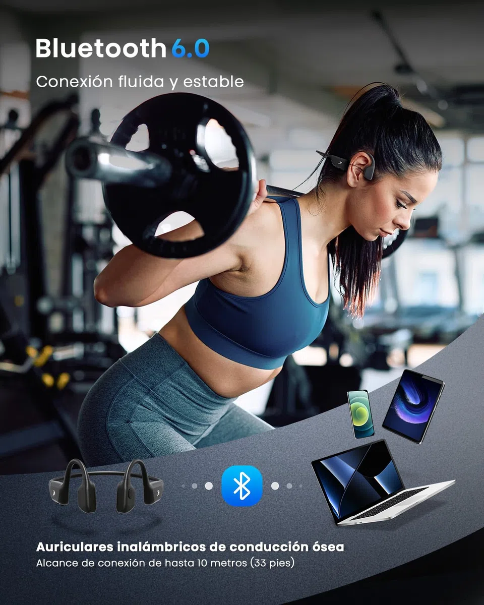 Auriculares de conducción ósea Bluetooth 6.0 — Auriculares deportivos inalámbricos de oído abierto. Resistencia al agua y al sudor IPX7; 2 horas de carga para. Ideales para ciclismo y running