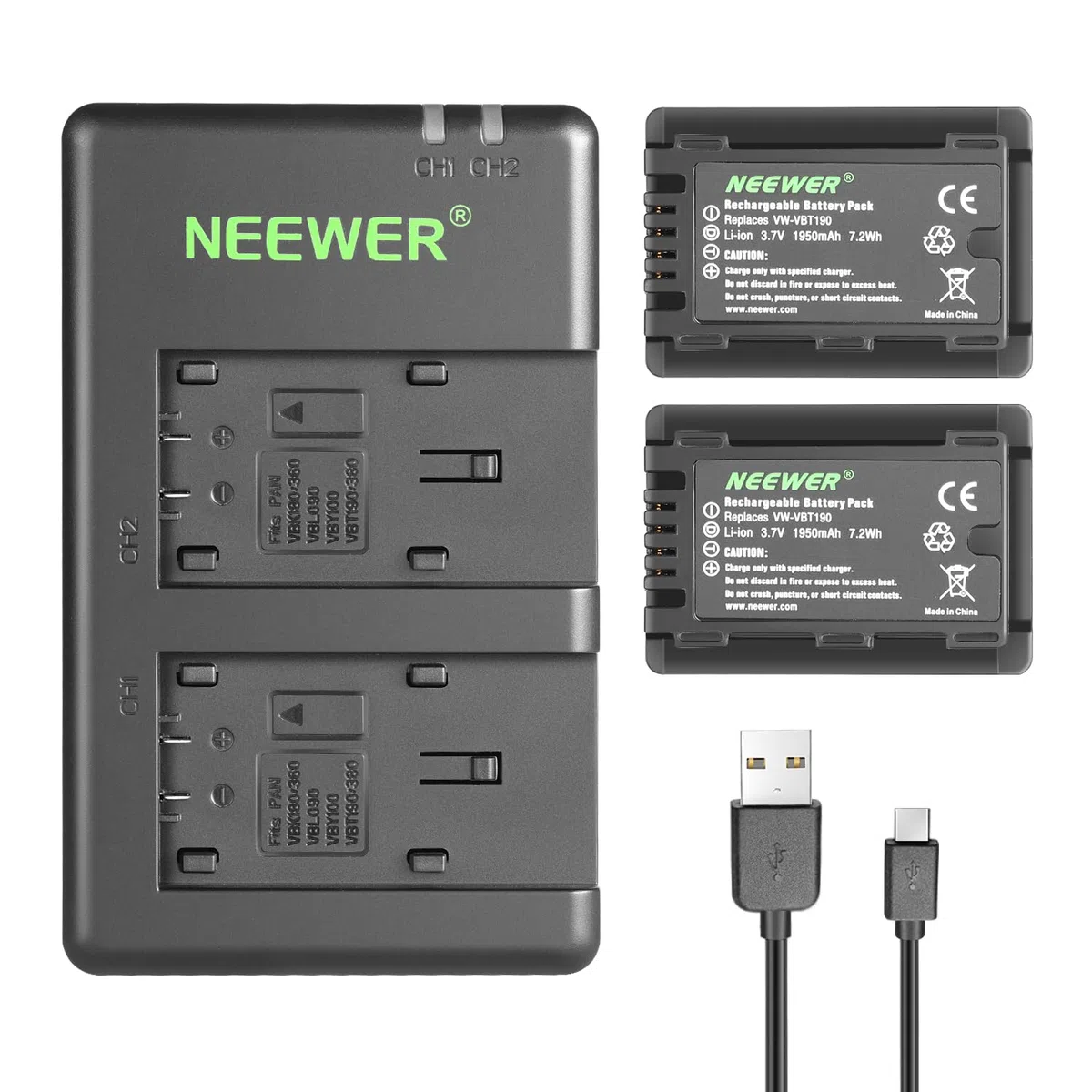 Neewer VW-VBT190 Batería y Kit de Cargador USB Dual Compatible con Panasonic HC-V110 V130 V160 V180 HC-V201 V210 V250 HC-V380 HC-V510 V520 V550 HC-V710 V720 V750 V770 HC-VX870