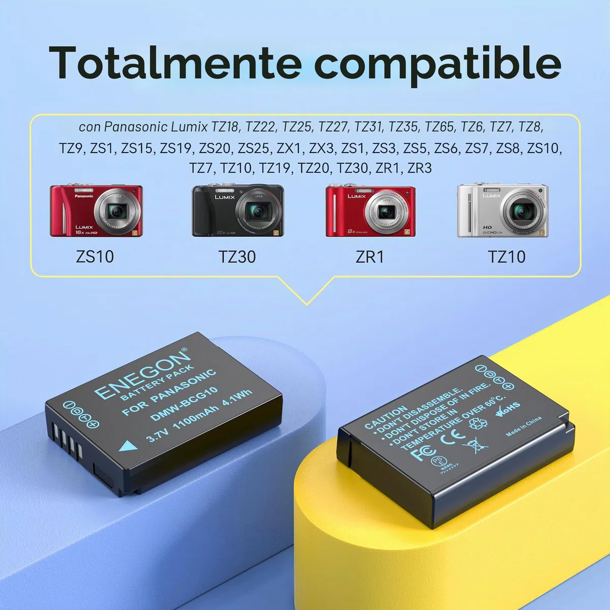 ENEGON DMW-BCG10 - Lote de 2 Baterías de 1100mAh con Cargador y Cable USB-C para Panasonic Lumix DMC-ZS1, ZS3, ZS5, ZS6, ZS7, ZS8, ZS10, TZ7, TZ10, TZ19, TZ20, TZ30, ZR1, ZR3