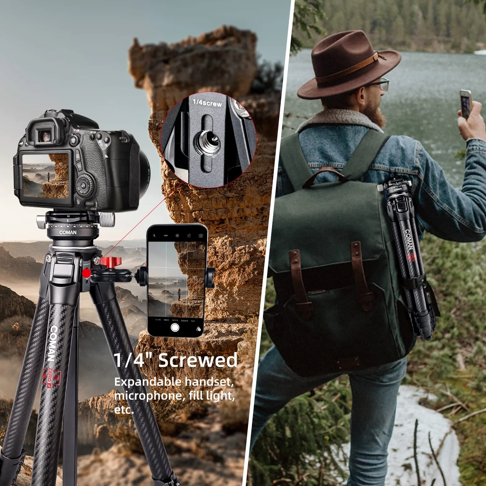 COMAN Zero Y Trípode de cámara Tripod Carbon Fibre con Cabeza esférica panorámica de 360° y trípode de vídeo Arca Swiss para Todas Las cámaras DSRL, Columna Central cargable hasta 18kg