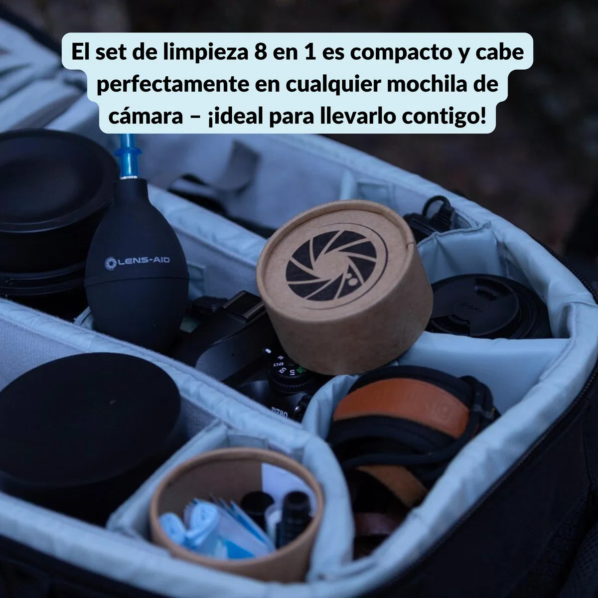 Lens-Aid Kit Limpieza cámara 8 en 1 – Set con Fuelle, Cepillo, lápiz, paños, líquido y más – Ideal para Objetivos, sensores, filtros y Pantallas – Regalo para fotógrafos
