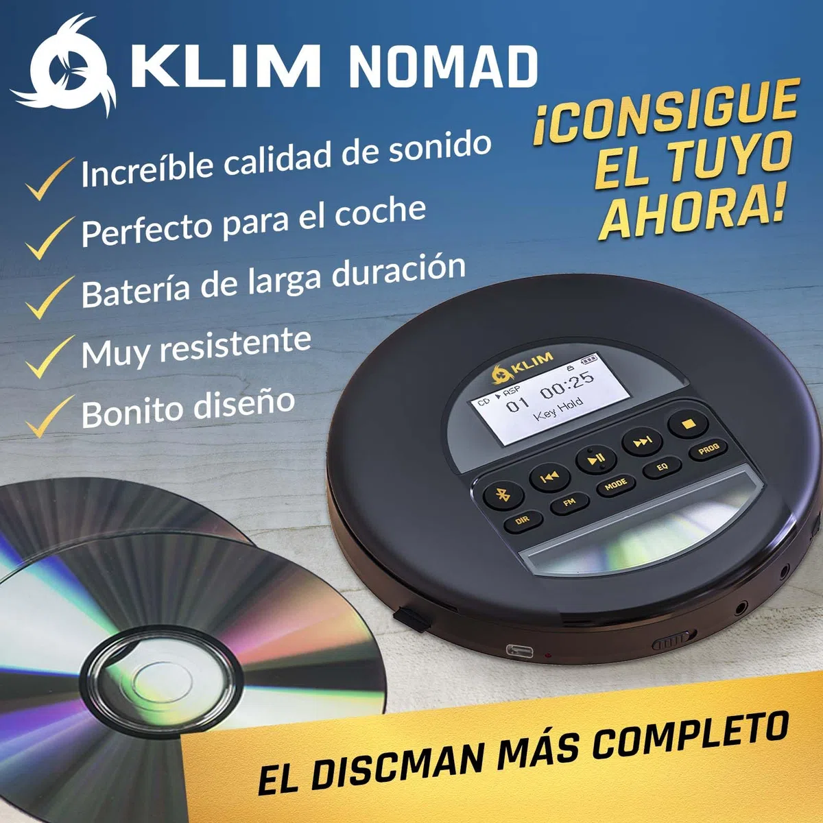 KLIM Nomad - Reproductor CD portatil con batería Interna de Larga duración - Nuevo - Auriculares KLIM Fusion - CD Player Mini Compacto - Radio FM Compatible con CD-R, CD-RW MP3 - Oro