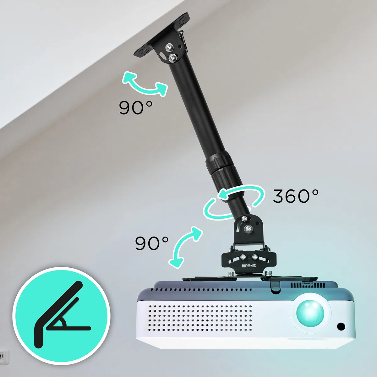 Duronic PB04XL Soporte para Proyector de Techo y Pared, Extensible 22-83cm, Universal, Giratorio 360º, Totalmente Articulable, Carga Máx 13.6kg, Cine en Casa, Videojuegos, Presentaciones, Color Negro