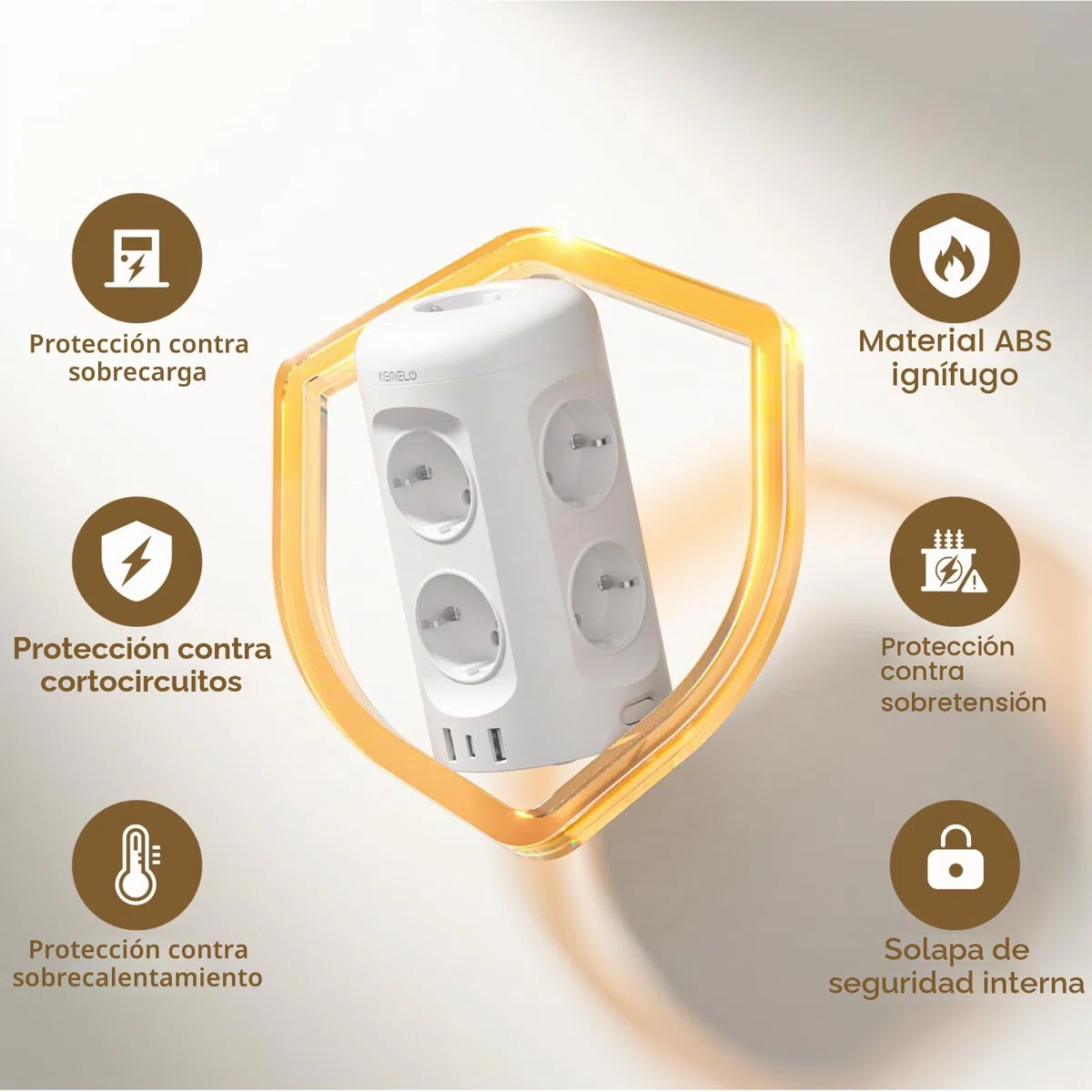 Regleta Enchufes con USB C, 12 en 1 Enchufe Multiple (9 AC y 3 USB), 3680W/16A, Regleta Enchufes Proteccion Sobretension, 2M Torre Enchufes Vertical con Interruptor para Mesa, Oficia, Casa, Blanco