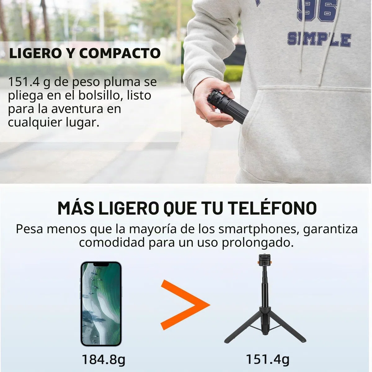 Osmo Pocket 3 - Tripode para cámara de acción Go Pro y DJI Action 5 Pro, soporte extensible de mano con liberación rápida 1/4 pulgadas