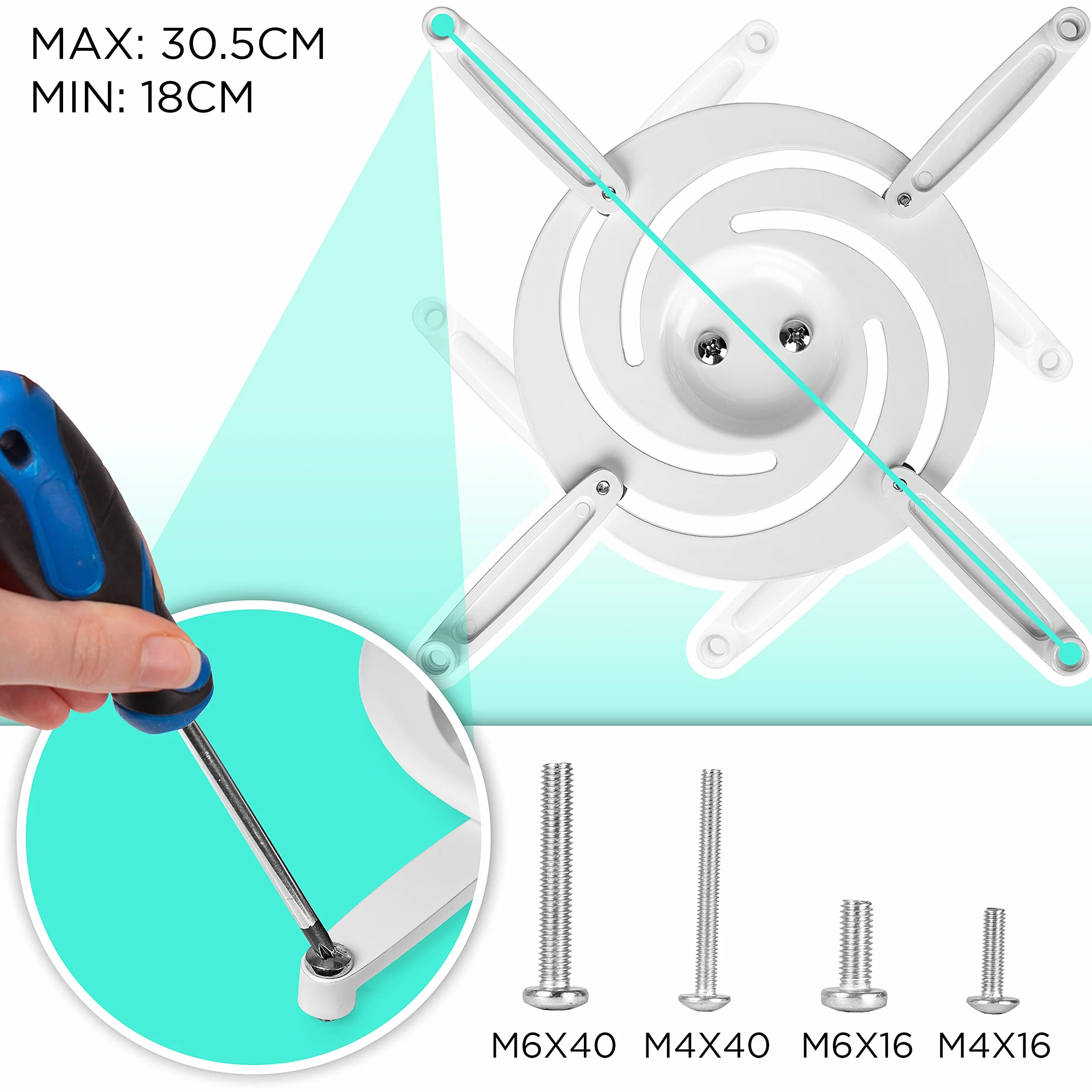 Duronic PB07XB Soporte para Proyector de Techo y Pared, Universal, Giratorio 360º y Articulable hasta 180º, Carga Máx.10 kg, Cine en Casa, Videojuegos, Presentaciones, Color Blanco