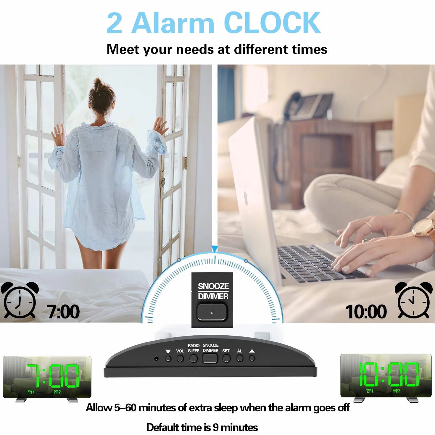 Radio despertador para mesita de noche, despertador digital, pantalla grande, repetición, doble ajuste de alarma, regulador de volumen ajustable, incluye adaptador