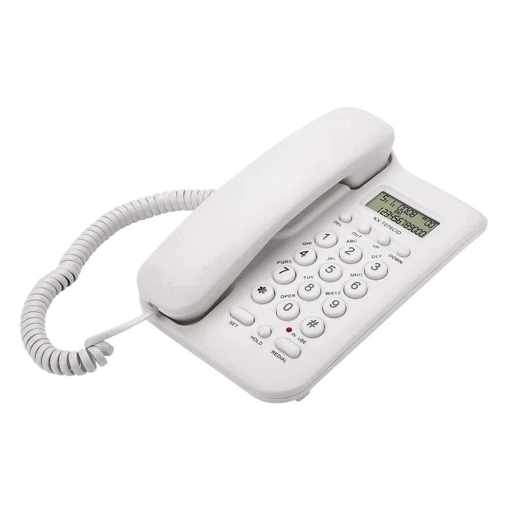 Teléfono de Pared y Escritorio con Cable - FSK/DTMF para Hotel y Casa - con Pantalla de Llamadas (Blanco)