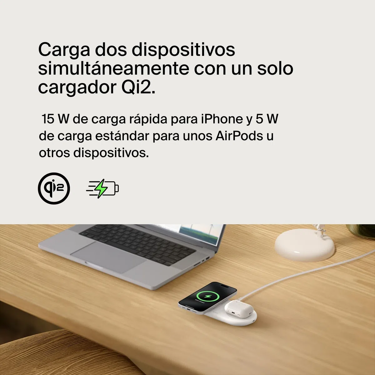 Belkin BoostCharge Pro Cargador Inalámbrico 2 en 1 con tecnología Magnética Qi2, 15W, Estacion de Carga Rápida Inalámbrica Compatible con Magsafe para iPhone 17, Air, Pixelsnap, AirPods - Blanco