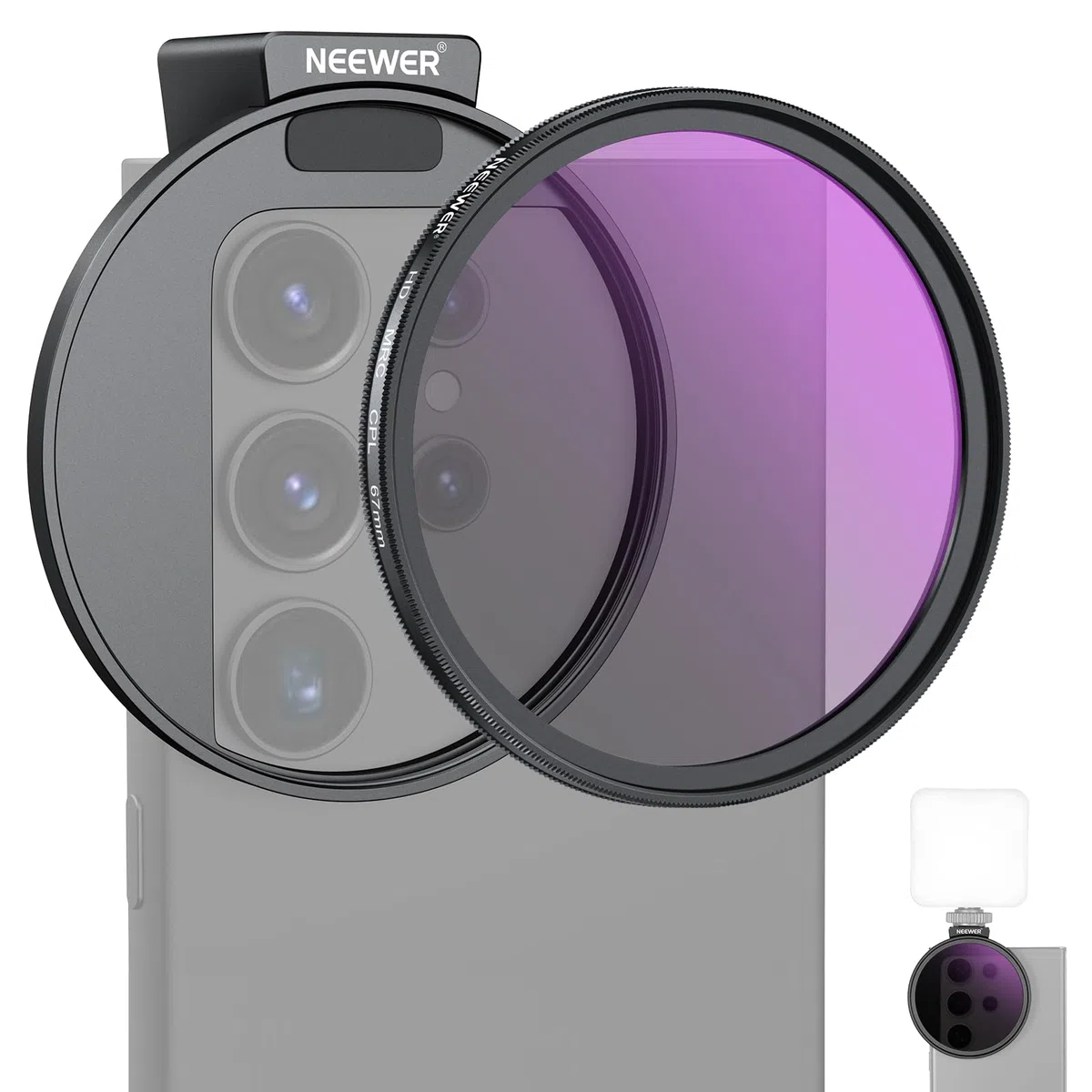 NEEWER Filtro CPL de 67 mm para teléfono, Filtro polarizador HD de 67 mm y Clip de teléfono de Zapata fría, Incluye Bolsa de Transporte y paño de Limpieza de Lentes, Compatible con Galaxy S24 Series